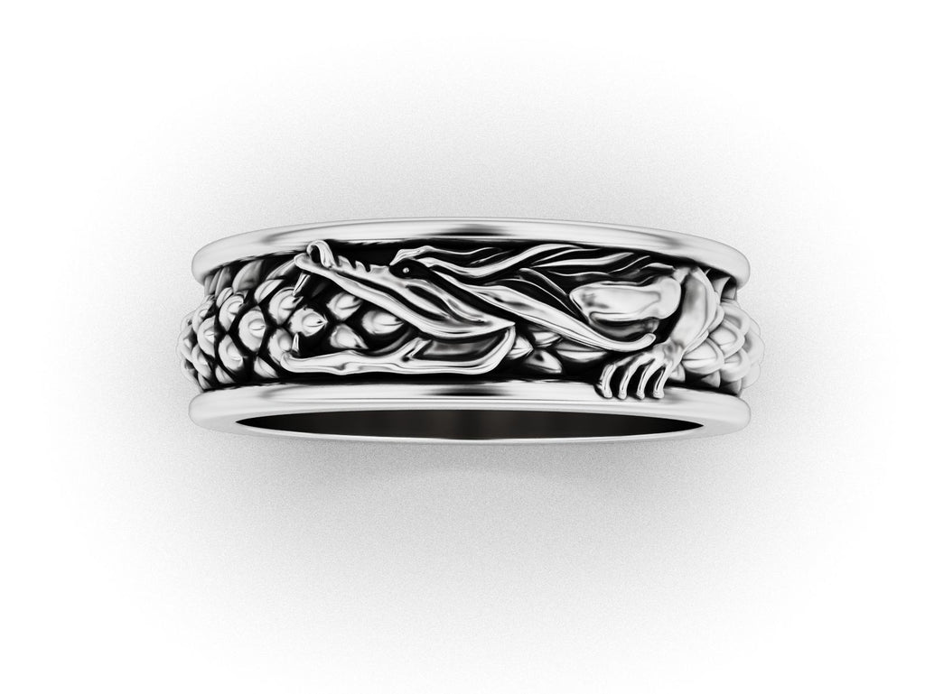 Ouroboros dragon scale band ring in sterling silver, front view