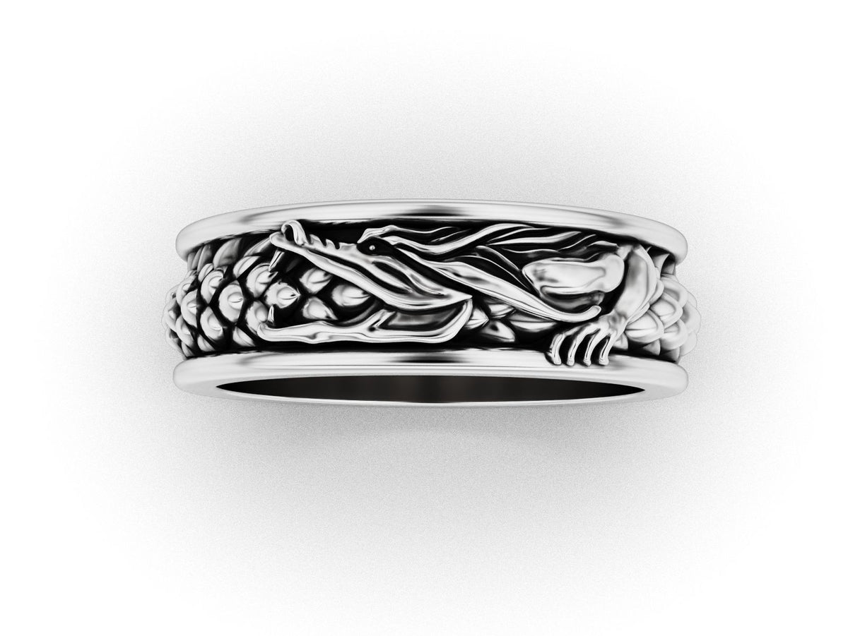 Ouroboros dragon scale band ring in sterling silver, front view