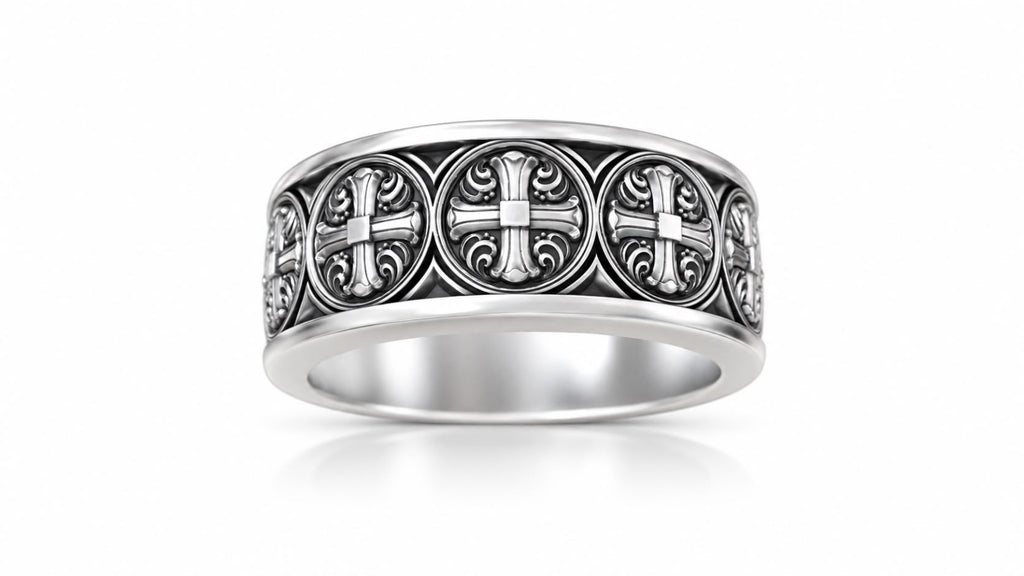Gothic Cross Medallion Band Ring – Sterling Silver