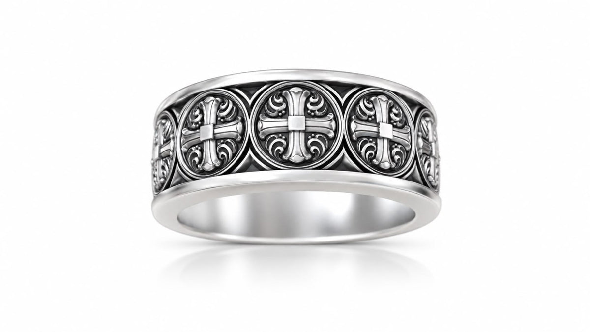 Gothic Cross Medallion Band Ring – Sterling Silver