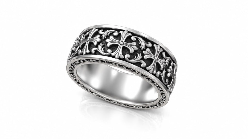 Gothic Fleur Cross Baroque Band Ring – Sterling Silver