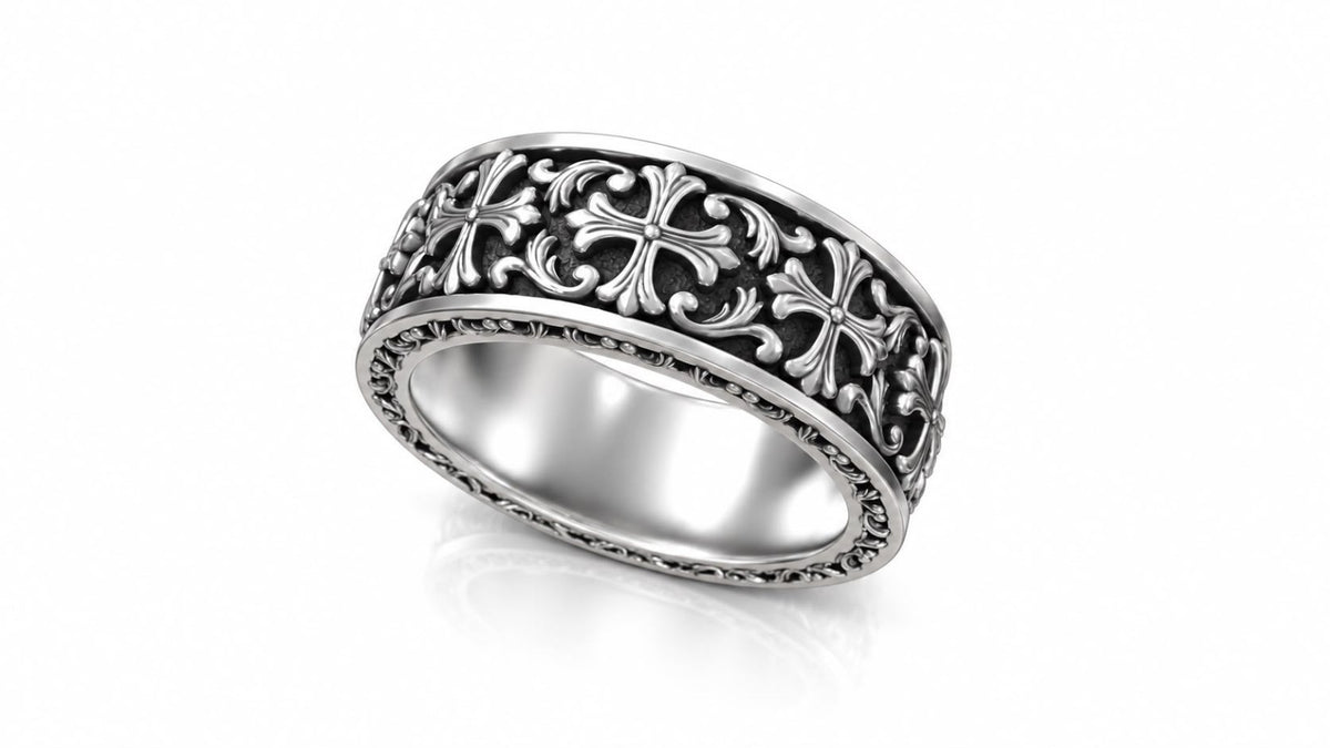 Gothic Fleur Cross Baroque Band Ring – Sterling Silver