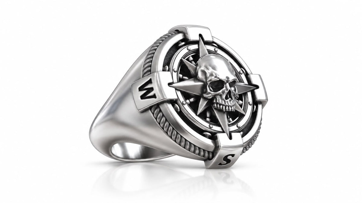 Skull Compass Rose Mariner Signet Ring – Sterling Silver
