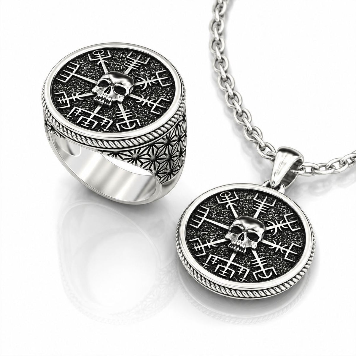 Vegvisir Skull Ring & Pendant Set – Sterling Silver