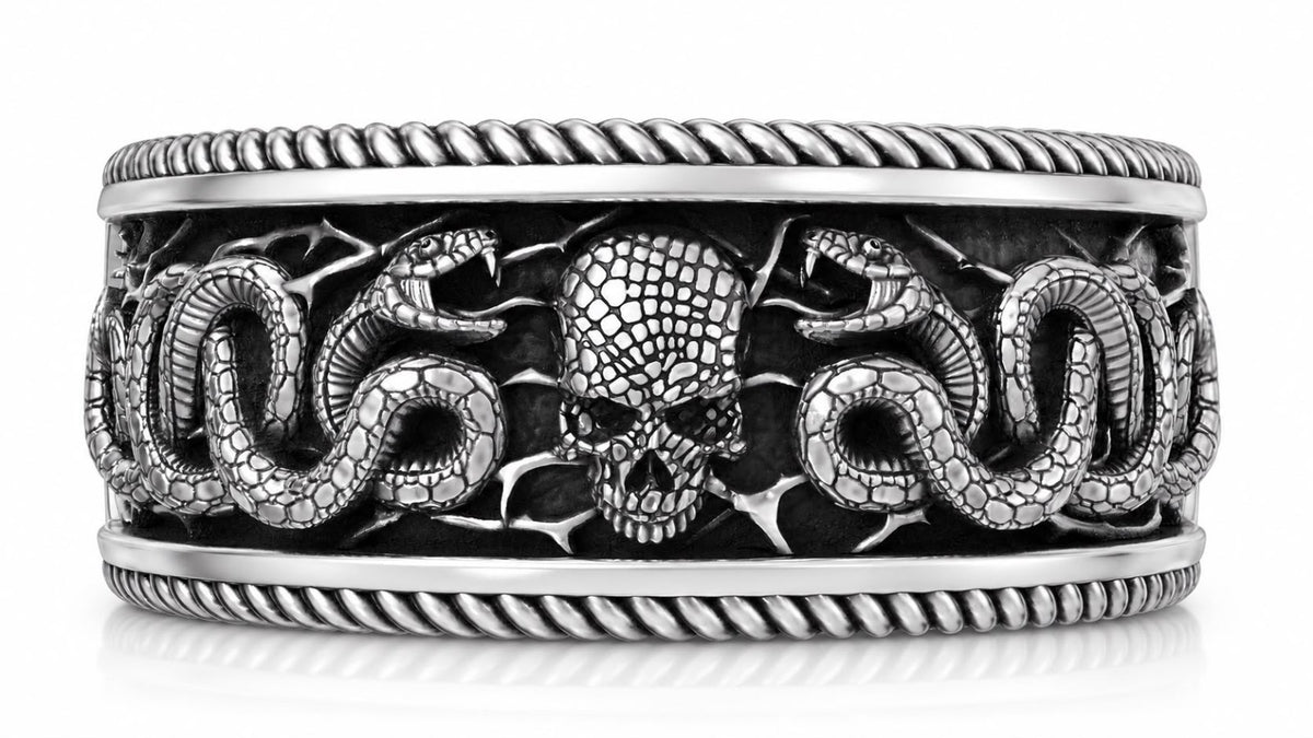Twin Snakes & Skull Band Ring – Sterling Silver
