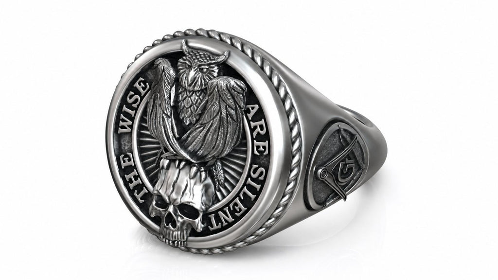 Masonic Owl & Skull Signet Ring – Sterling Silver