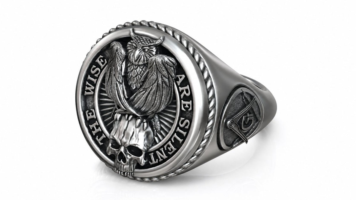 Masonic Owl & Skull Signet Ring – Sterling Silver