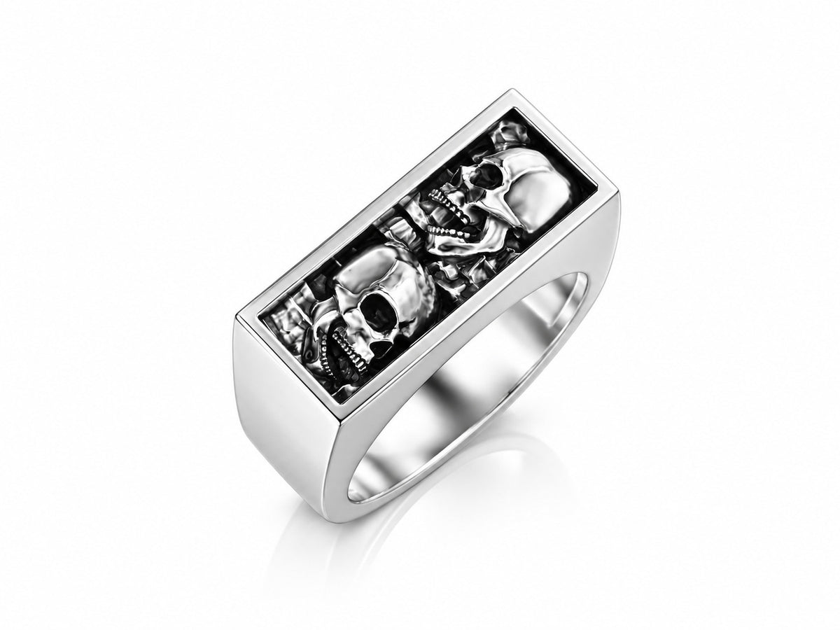 Screaming Skulls Bar Signet Ring – Sterling Silver