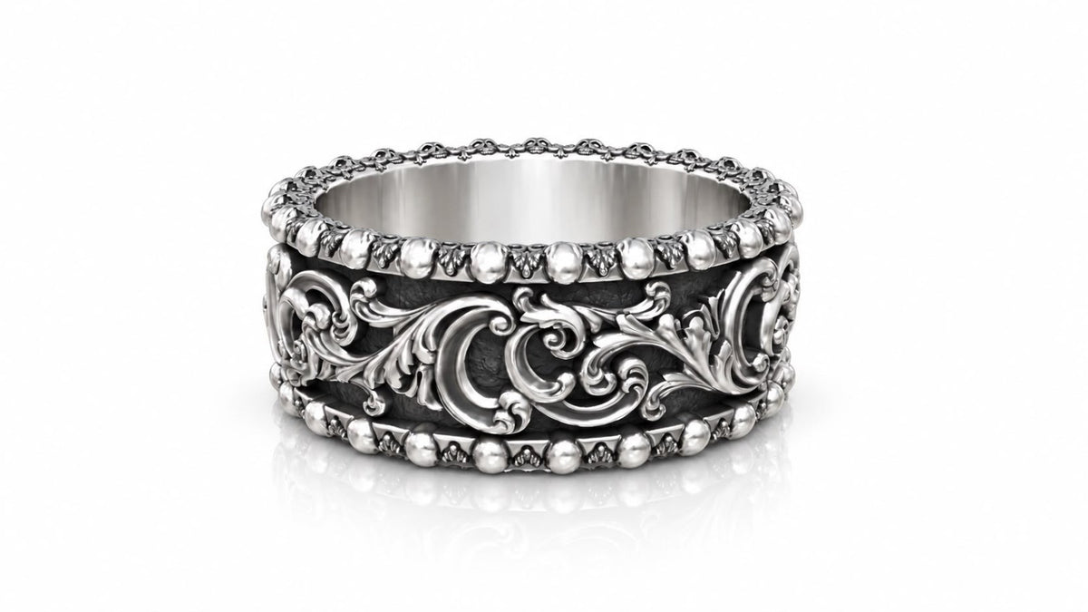 Baroque Acanthus Skull Edge Band Ring – Sterling Silver