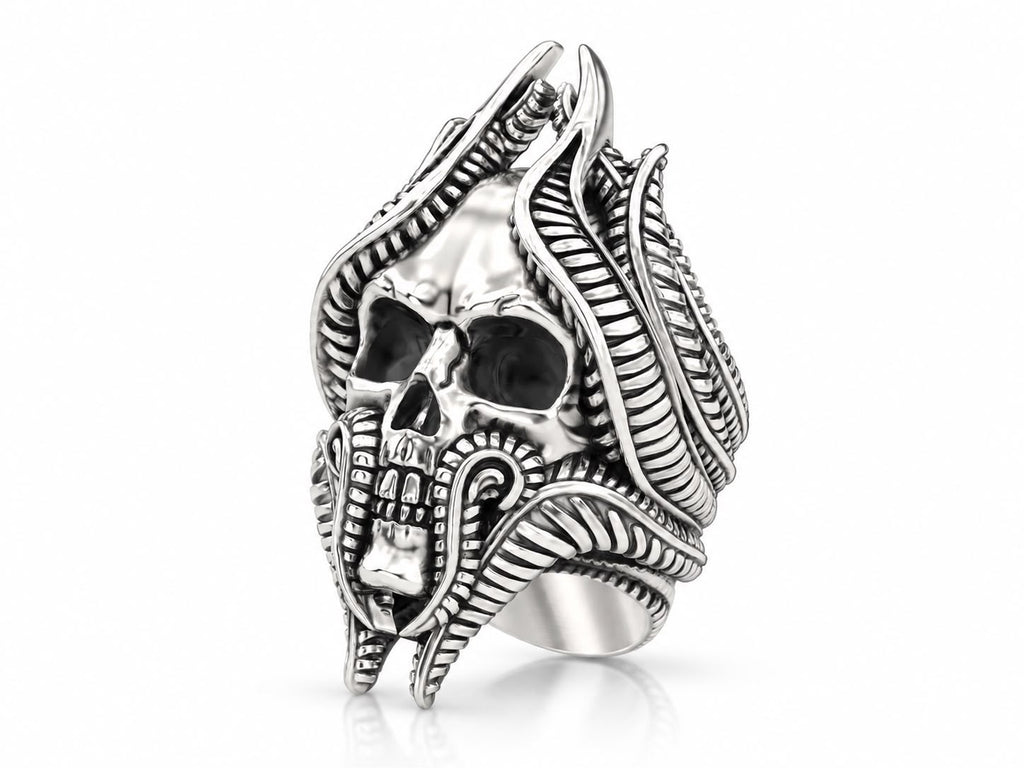 Biomechanical Horned Skull Ring – Sterling Silver
