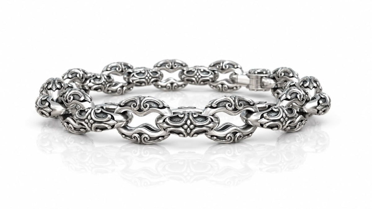 Gothic Scroll Mariner Link Bracelet – Sterling Silver