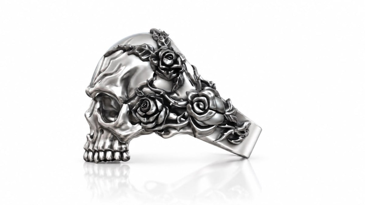 Skull & Roses Gothic Ring – Sterling Silver