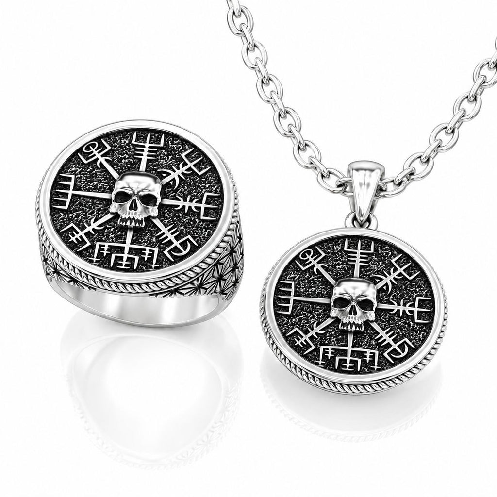 Vegvisir Skull Ring & Pendant Set – Sterling Silver