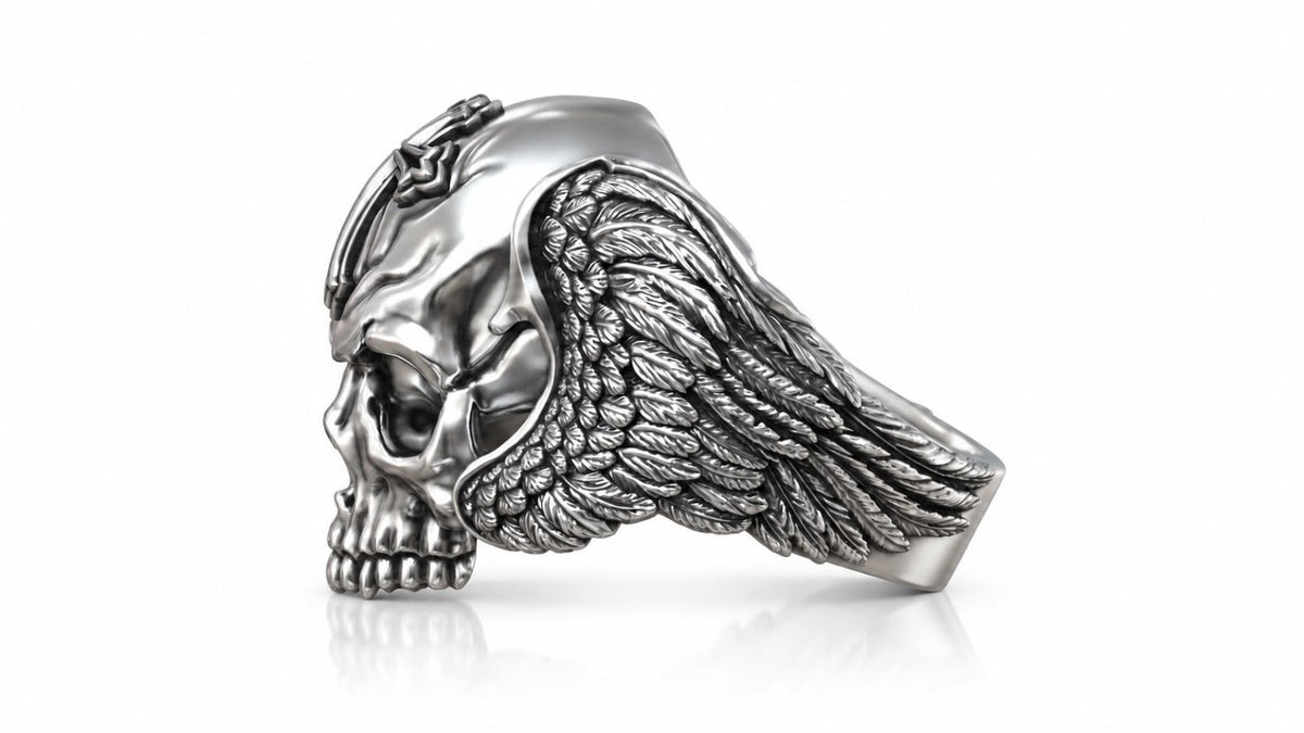 Winged Skull Gothic Cross Ring – Sterling Silver