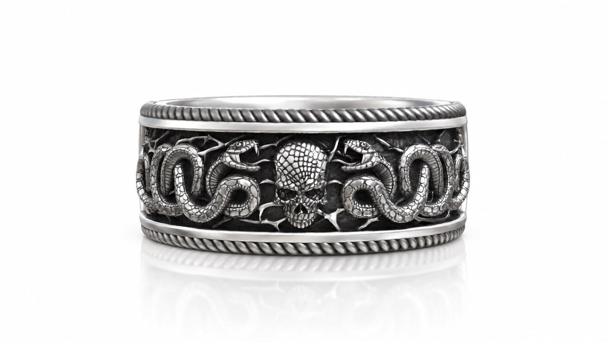 Twin Snakes & Skull Band Ring – Sterling Silver