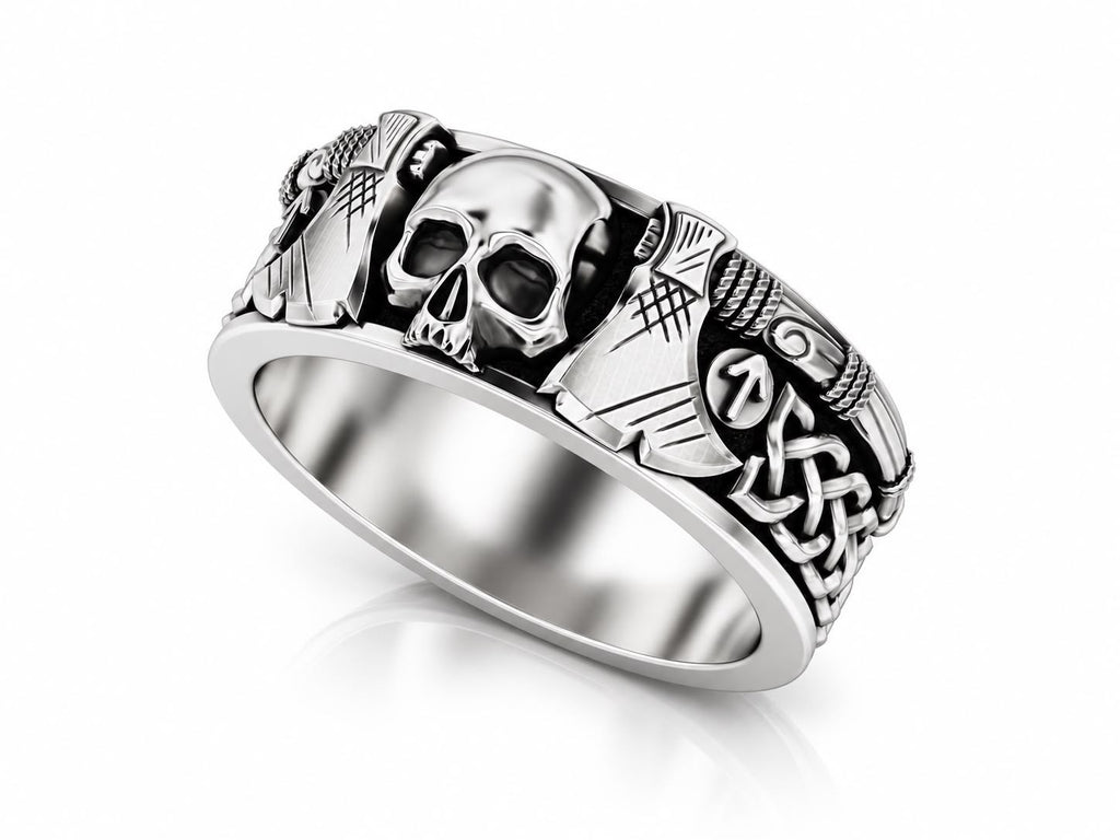 Viking Skull & Battle Axes Band Ring – Sterling Silver