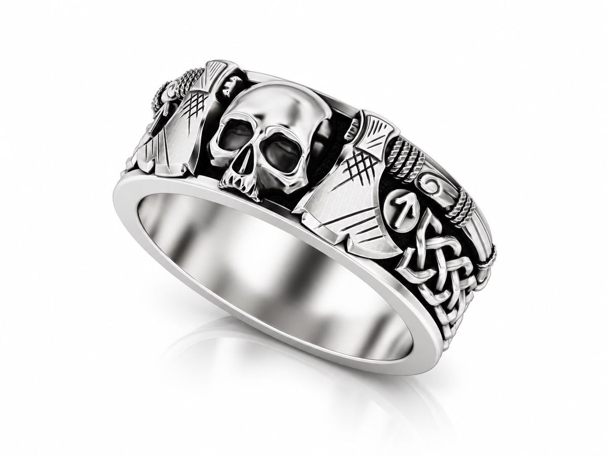 Viking Skull & Battle Axes Band Ring – Sterling Silver