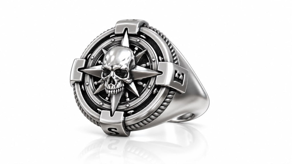 Skull Compass Rose Mariner Signet Ring – Sterling Silver