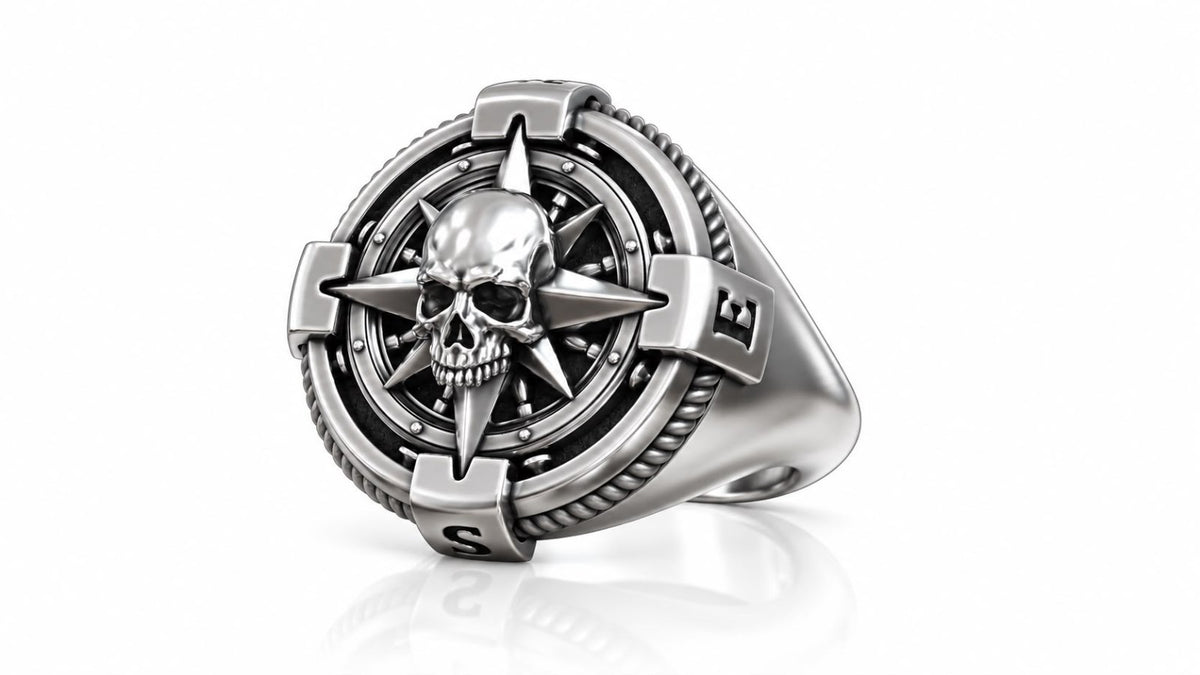 Skull Compass Rose Mariner Signet Ring – Sterling Silver