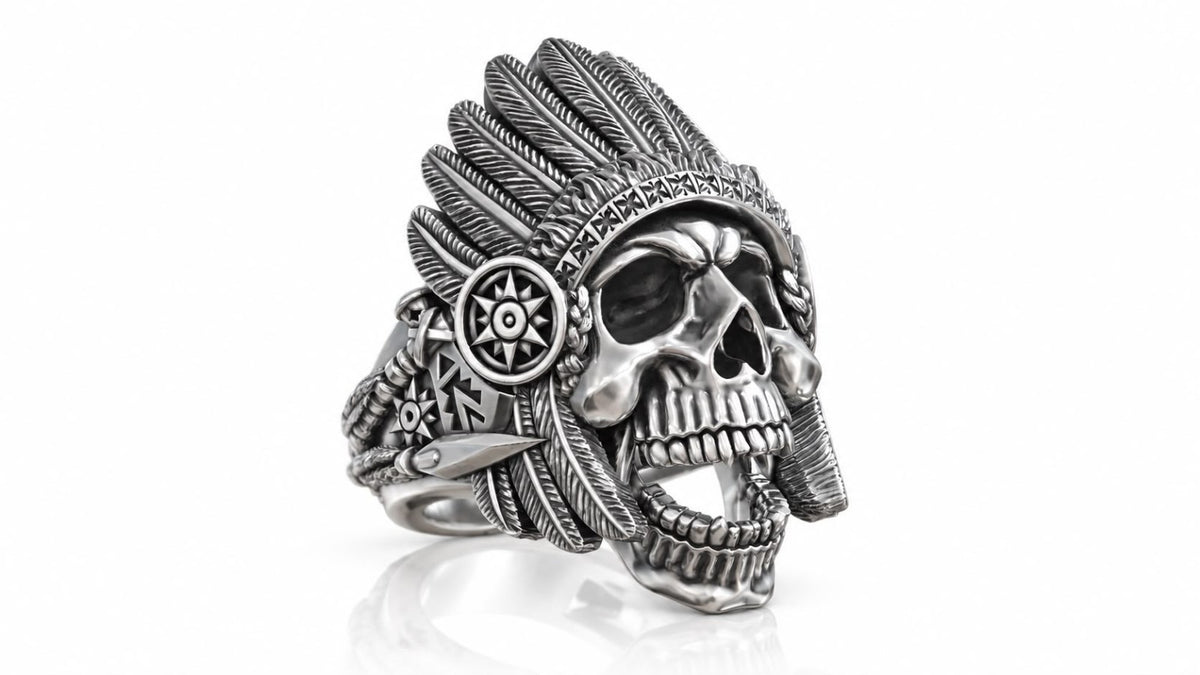 War Chief Skull Headdress Ring – Sterling Silver