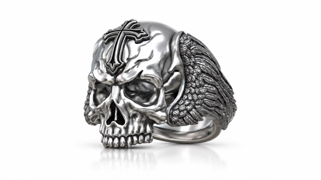 Winged Skull Gothic Cross Ring – Sterling Silver