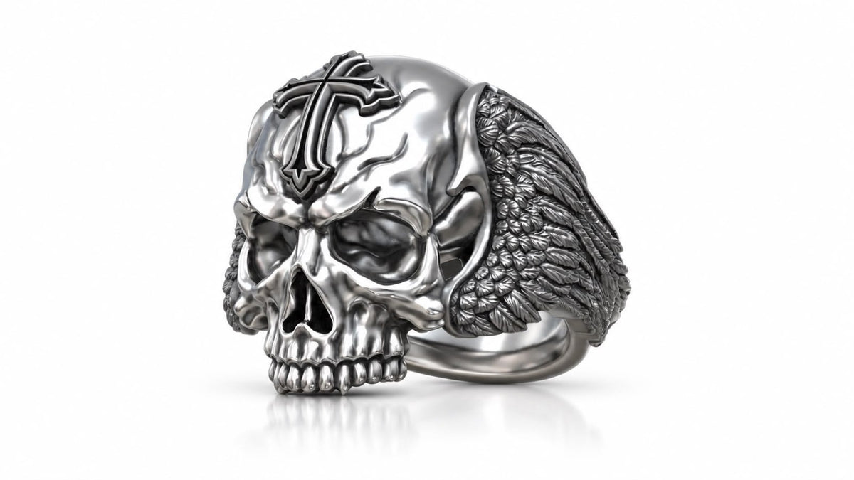 Winged Skull Gothic Cross Ring – Sterling Silver