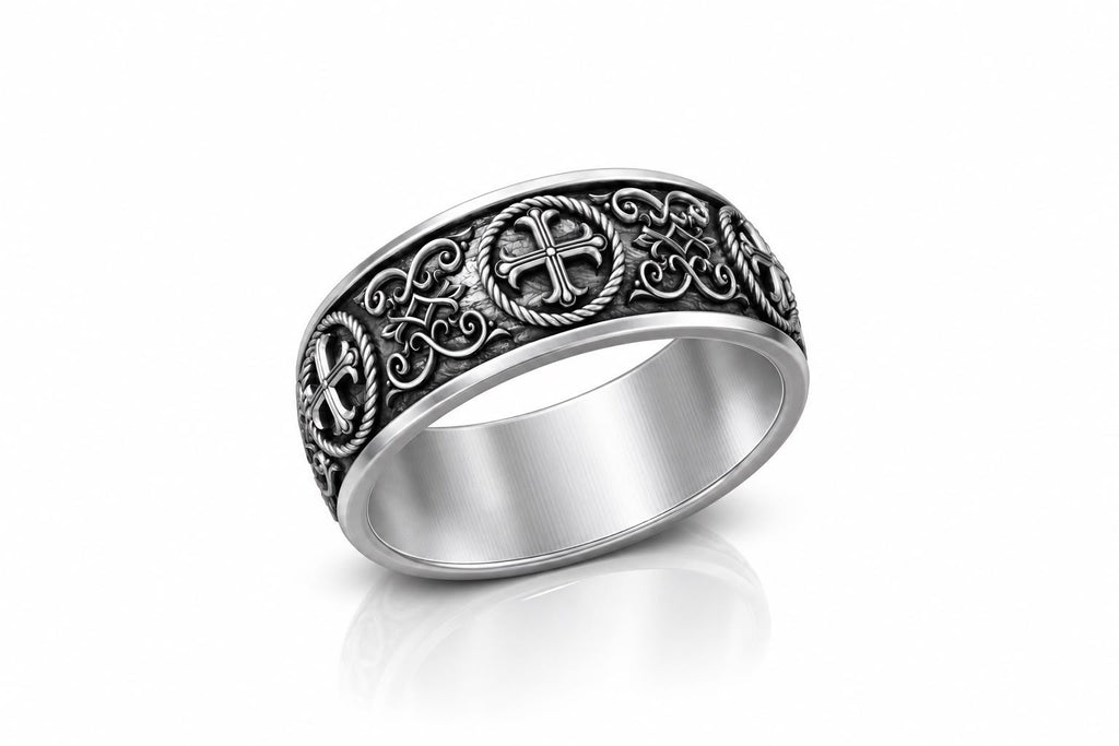 Medieval Cross Rope Medallion Band Ring – Sterling Silver