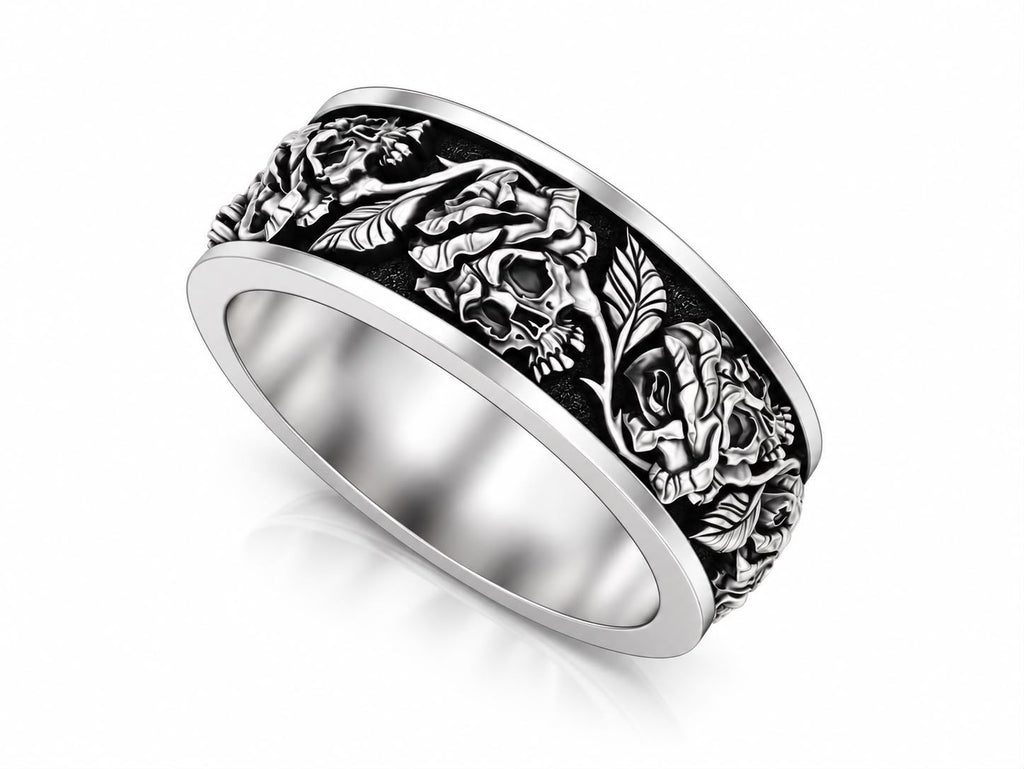Skulls & Roses Vine Band Ring – Sterling Silver
