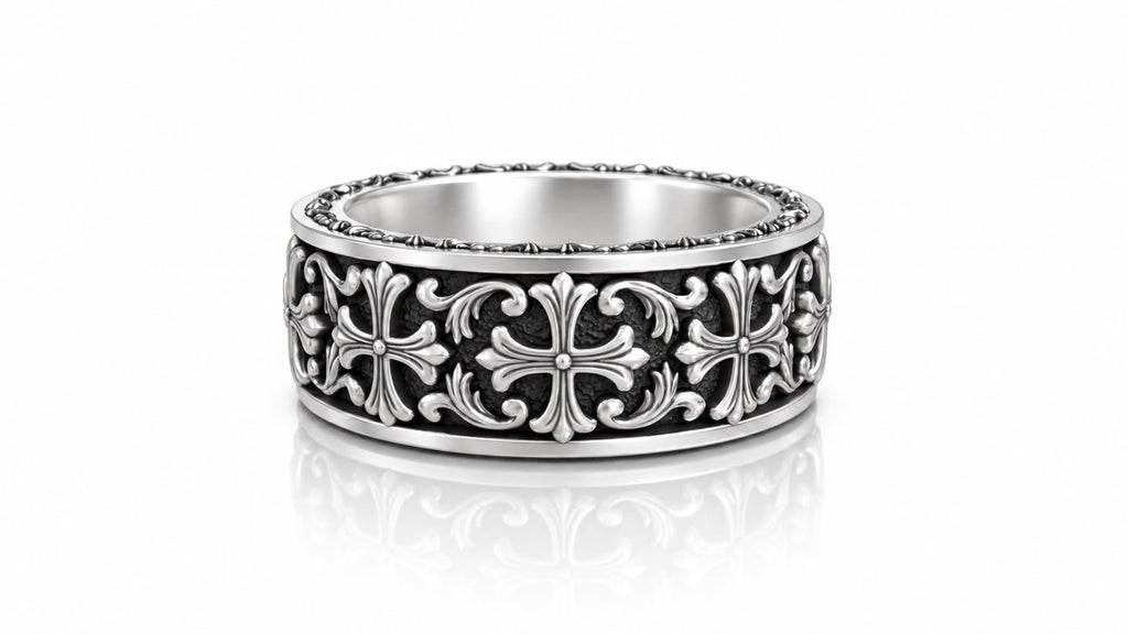 Gothic Fleur Cross Baroque Band Ring – Sterling Silver