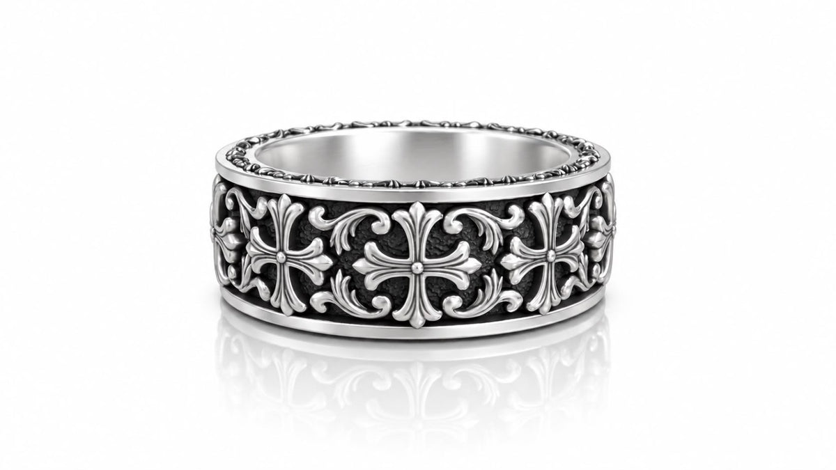 Gothic Fleur Cross Baroque Band Ring – Sterling Silver