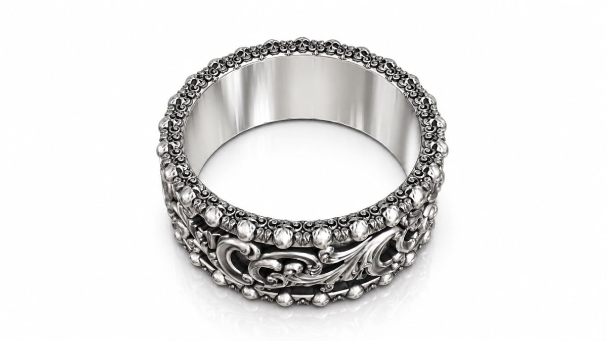 Baroque Acanthus Skull Edge Band Ring – Sterling Silver