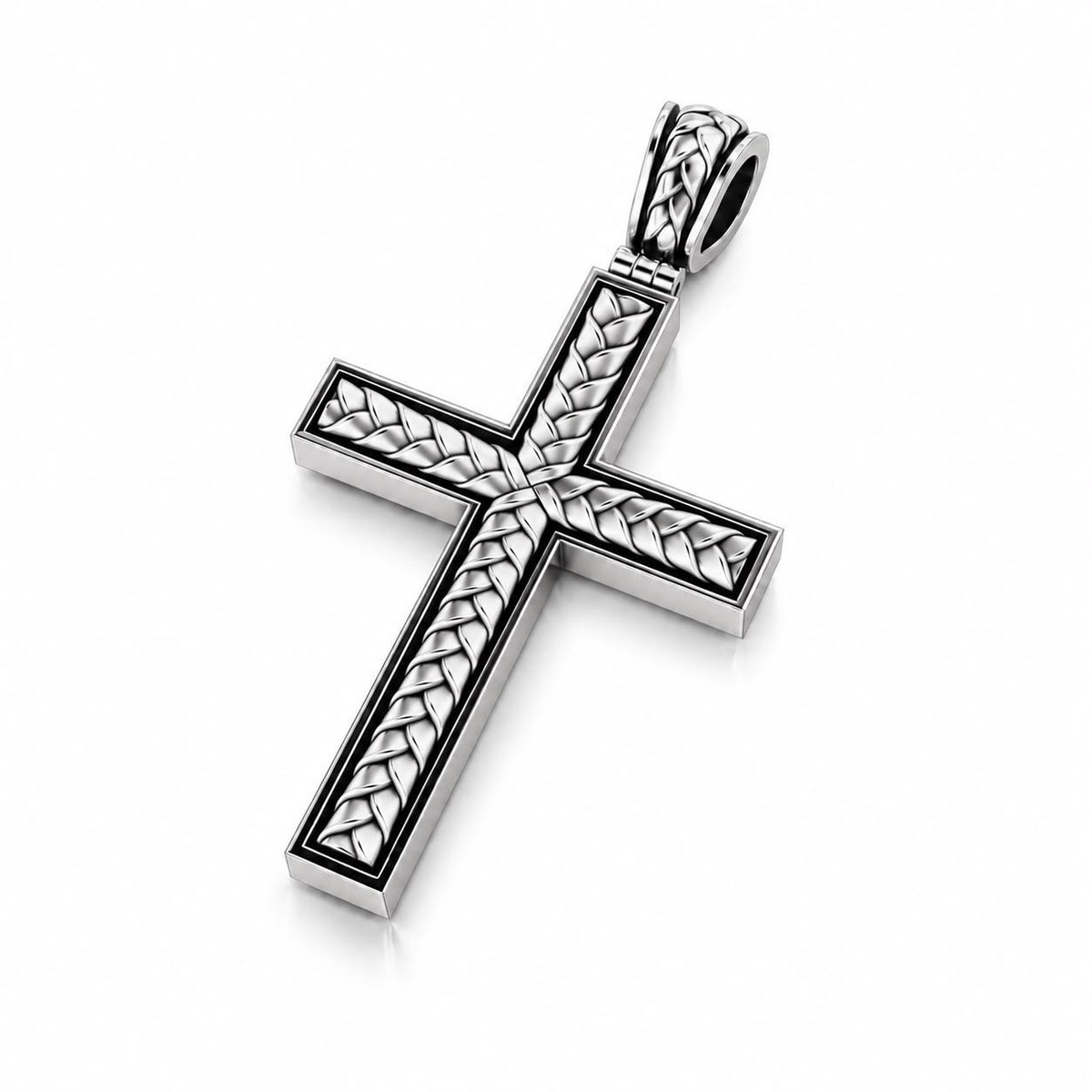 Braided Wedding Band & Openwork Cross Pendant Set – Sterling Silver
