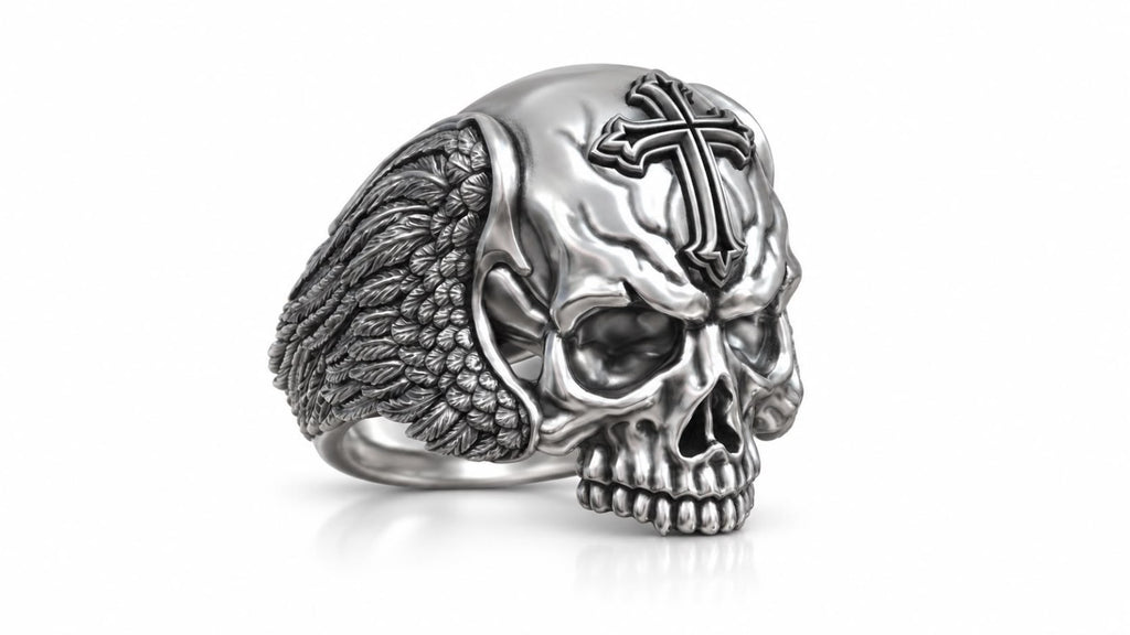 Winged Skull Gothic Cross Ring – Sterling Silver
