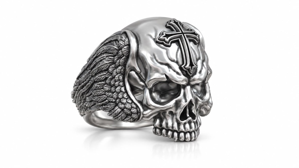 Winged Skull Gothic Cross Ring – Sterling Silver