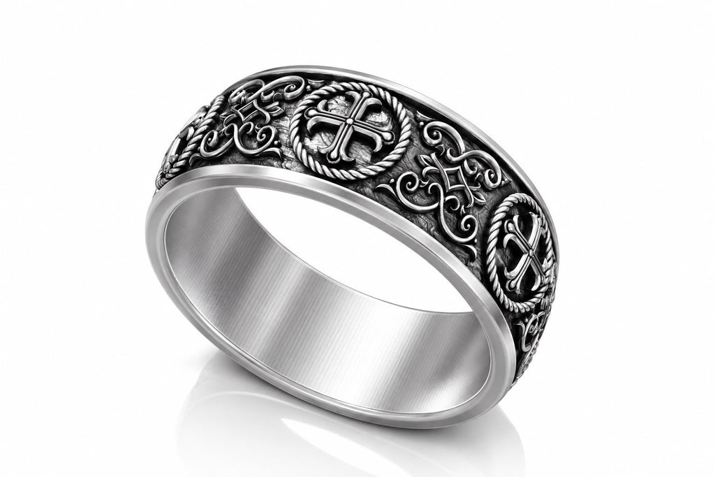 Medieval Cross Rope Medallion Band Ring – Sterling Silver