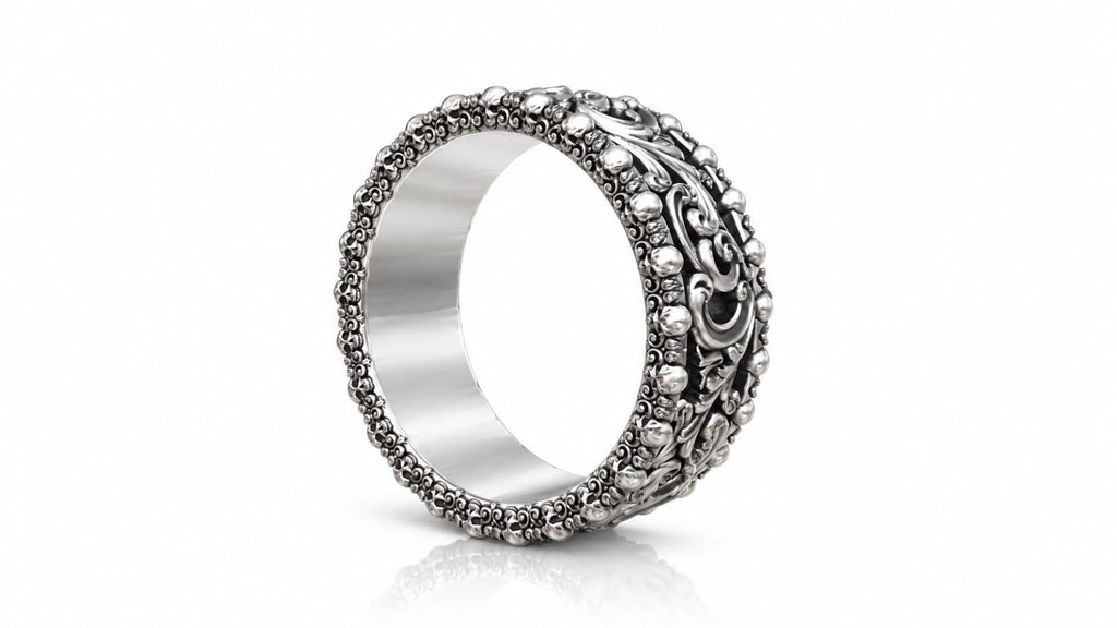 Baroque Acanthus Skull Edge Band Ring – Sterling Silver