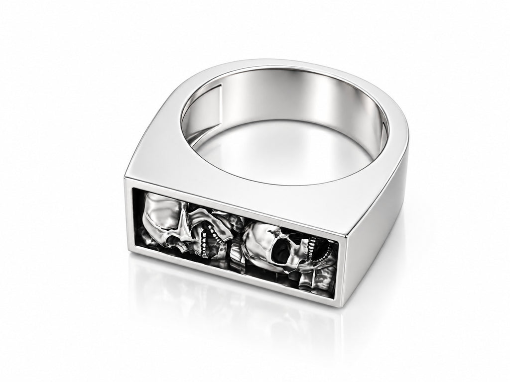 Screaming Skulls Bar Signet Ring – Sterling Silver