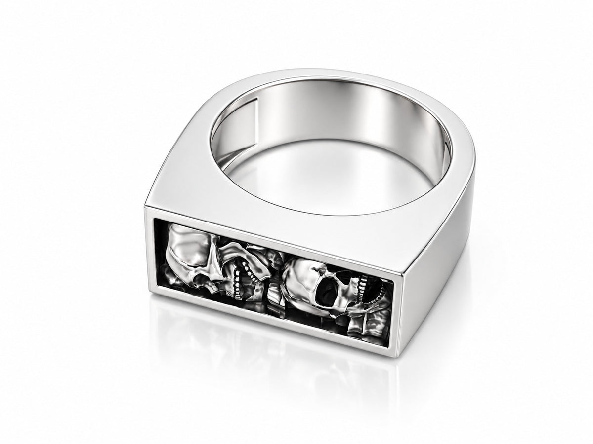 Screaming Skulls Bar Signet Ring – Sterling Silver