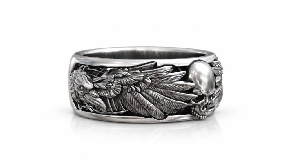 Skull & Wings Biker Band Ring – Sterling Silver