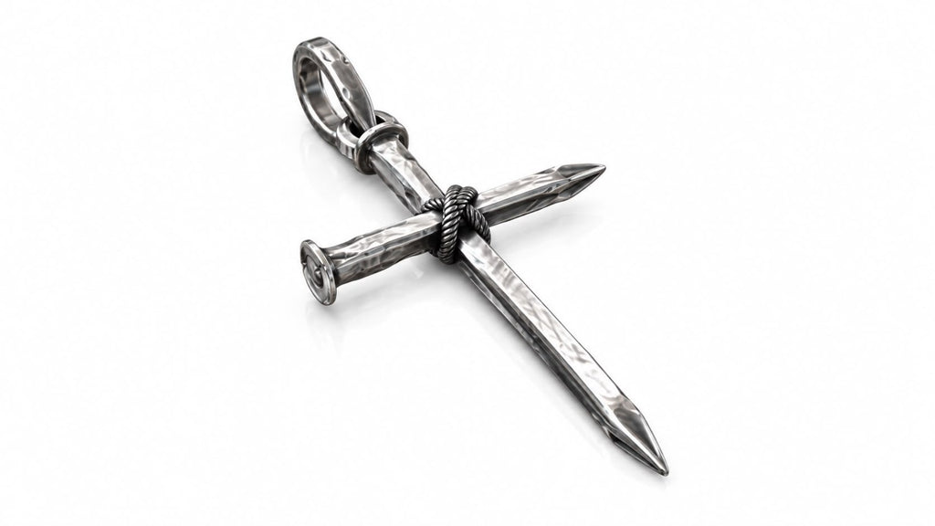 Rope-Wrapped Nail Cross Pendant – Sterling Silver