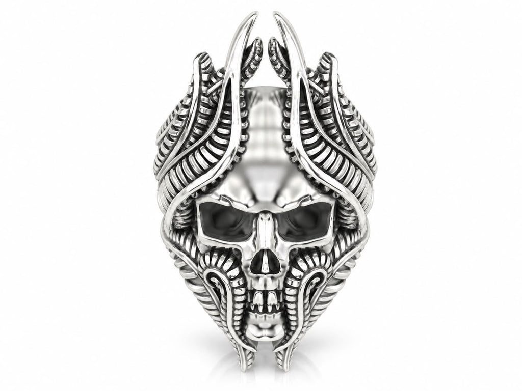 Biomechanical Horned Skull Ring – Sterling Silver