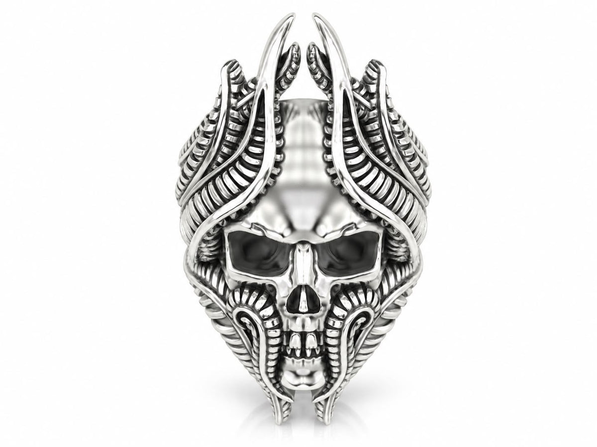 Biomechanical Horned Skull Ring – Sterling Silver