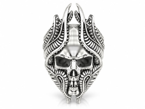 Biomechanical Horned Skull Ring – Sterling Silver