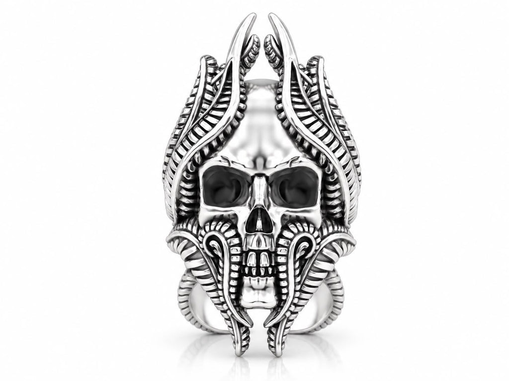 Biomechanical Horned Skull Ring – Sterling Silver
