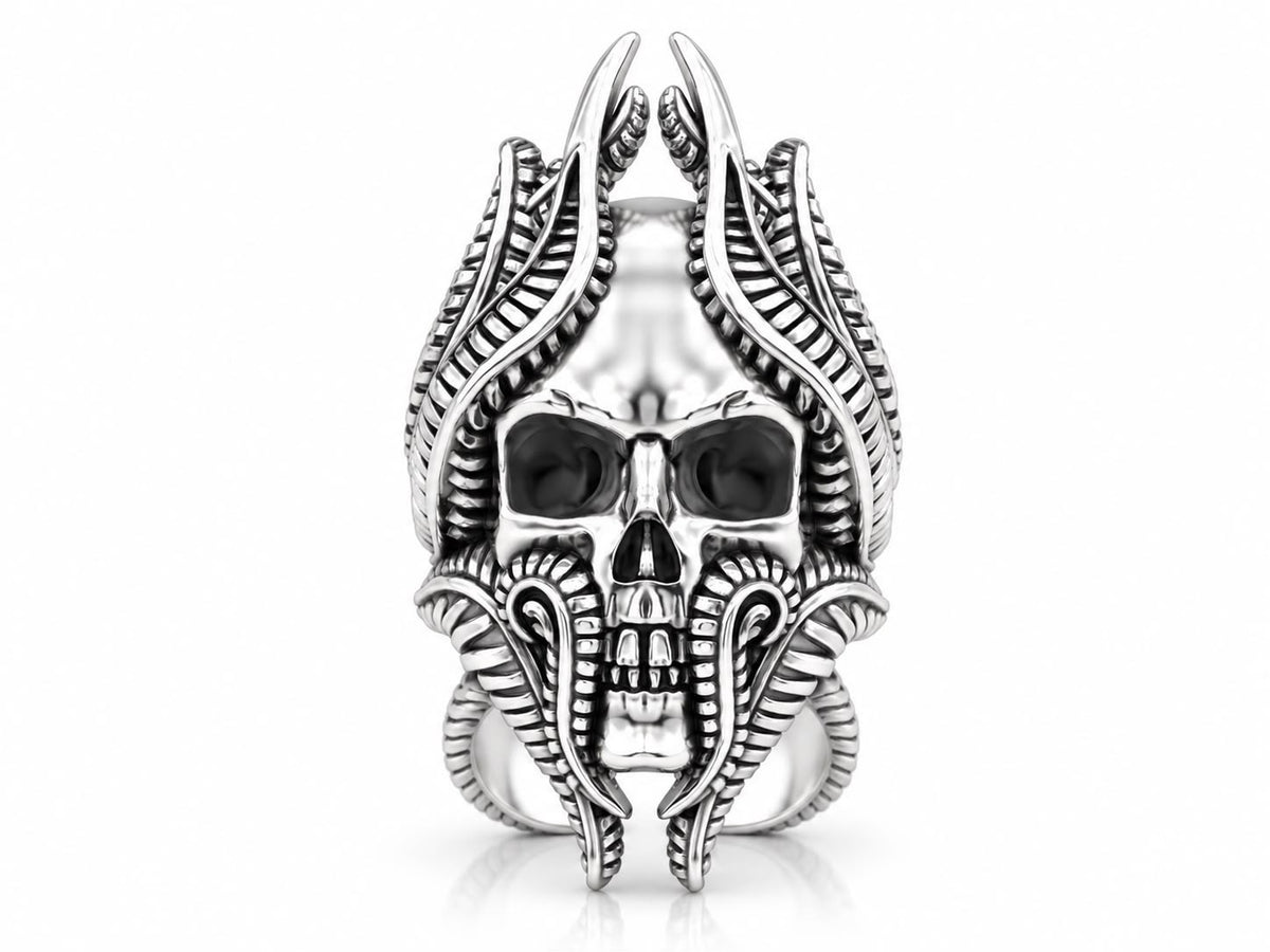 Biomechanical Horned Skull Ring – Sterling Silver