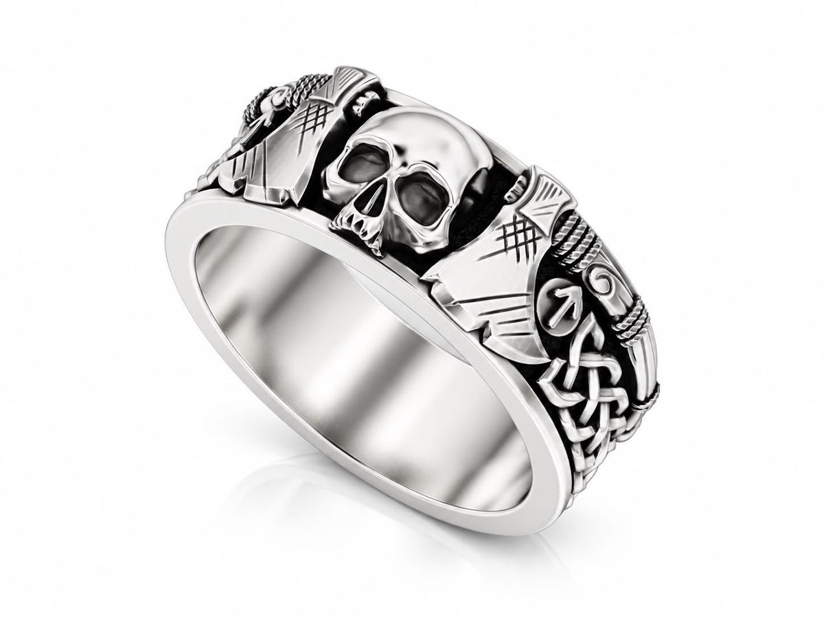 Viking Skull & Battle Axes Band Ring – Sterling Silver