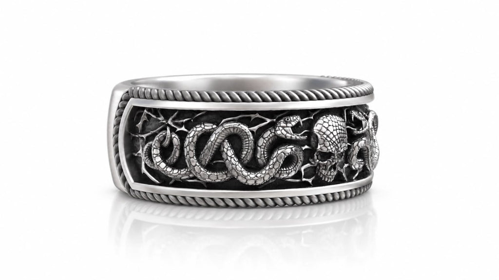 Twin Snakes & Skull Band Ring – Sterling Silver