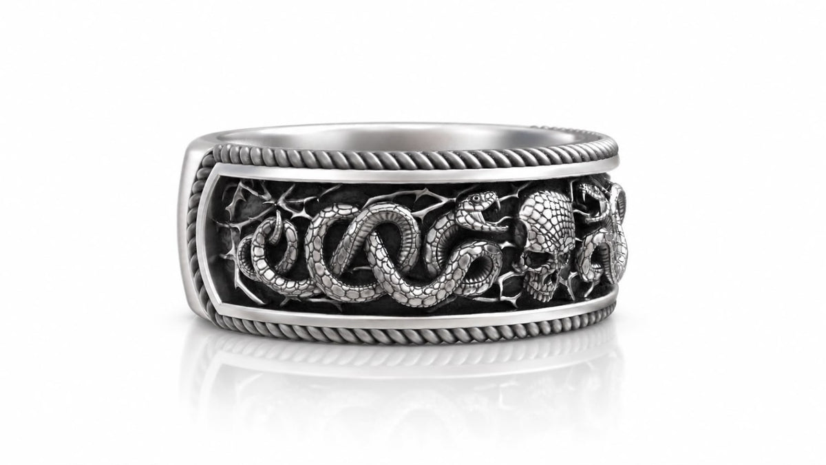 Twin Snakes & Skull Band Ring – Sterling Silver