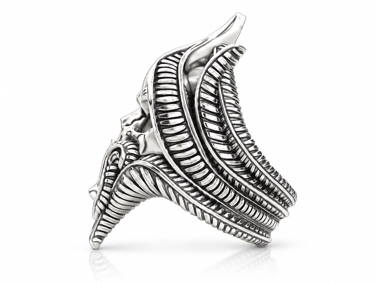 Biomechanical Horned Skull Ring – Sterling Silver