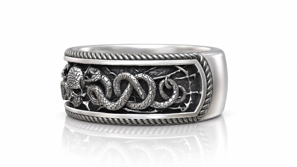 Twin Snakes & Skull Band Ring – Sterling Silver